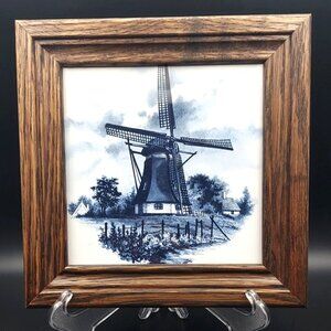 Vintage Mosa Delft Blue & White Framed Tile Holland Windmill Signed SCV Hunnik